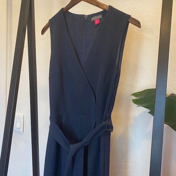 Navy Blue Crop-length Belted Wide Leg Jumpsuit - Picture 2 of 8